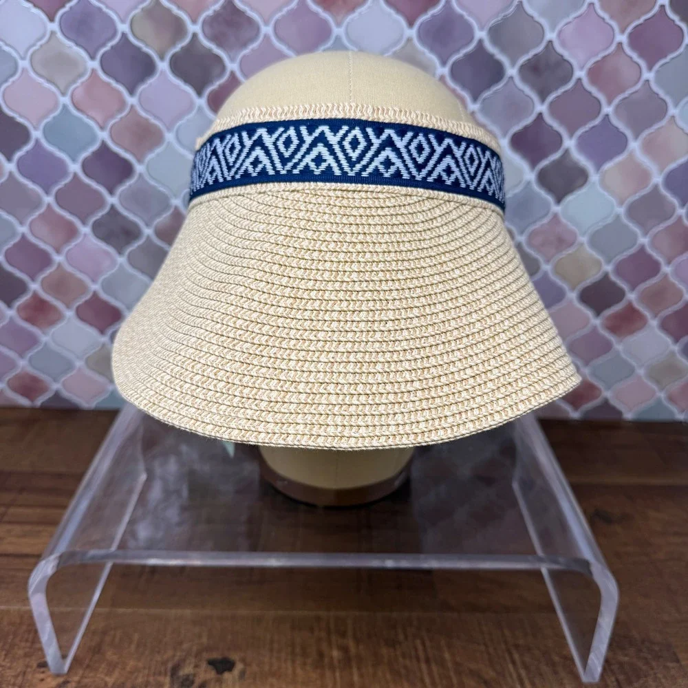 NWT Sea & Grass Straw Visor Navy Blue Geometric Ribbon Tie Back Adjustable